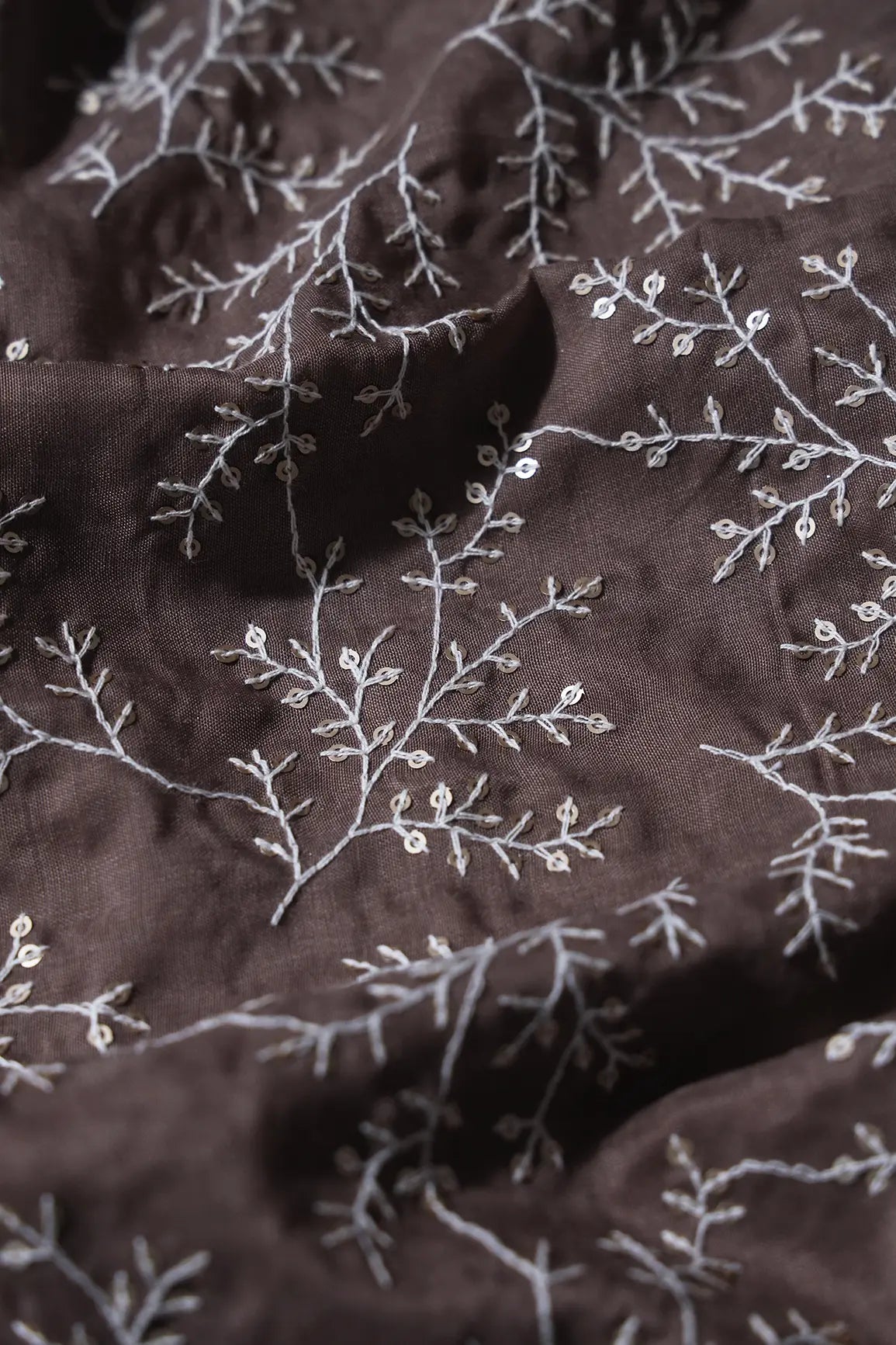 AIzaSyBcstauz-XMPRhEY21AUzeo032pxrXB5Ug - 1.70 Meter Cut Piece Of White Thread With Gold Sequins Leafy Embroidery On Light Brown Muslin Silk Fabric