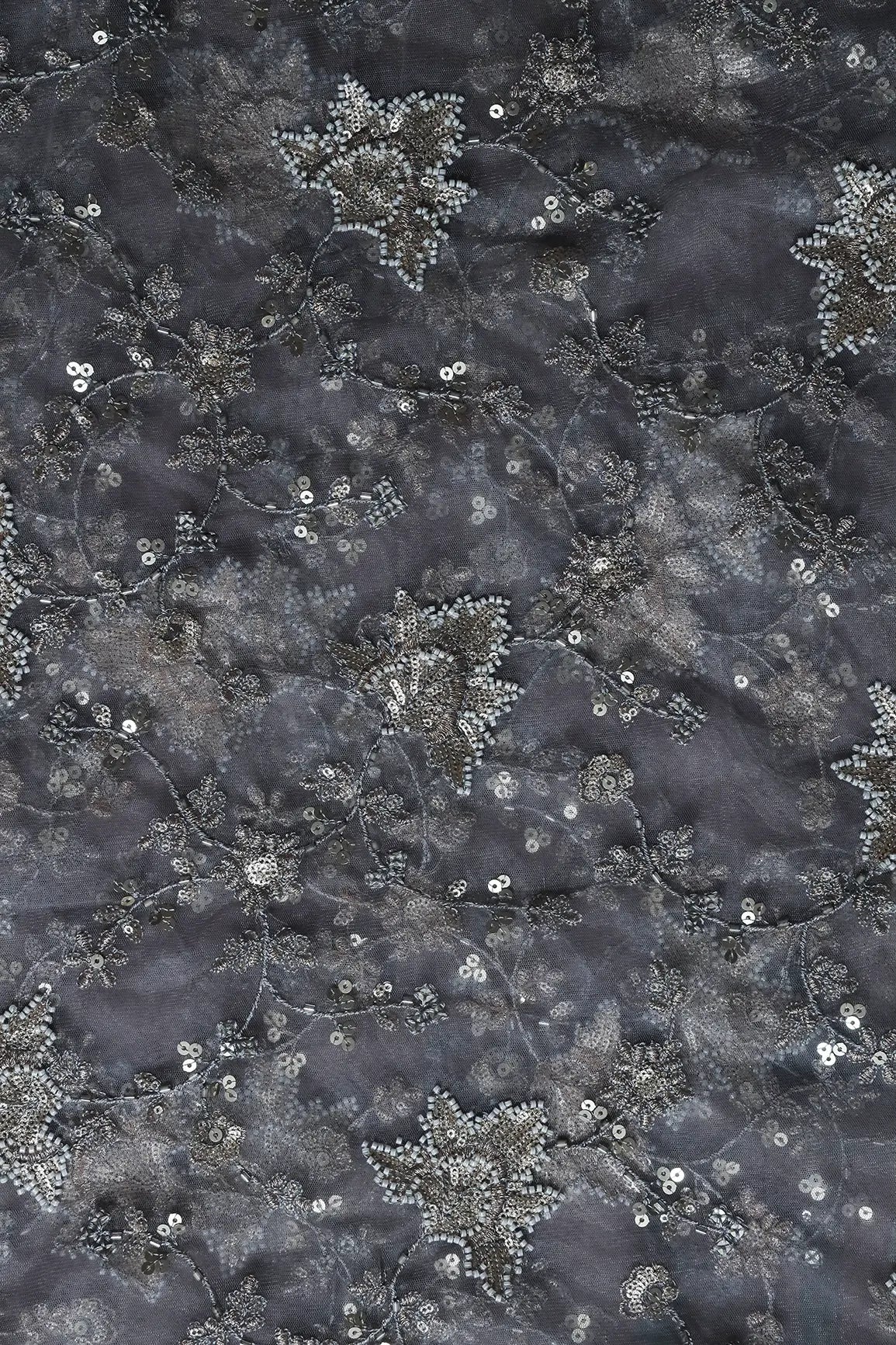 AIzaSyBcstauz-XMPRhEY21AUzeo032pxrXB5Ug - 1.25 Meter Cut Piece Of Gold Sequins With Beads Work Embroidery On Grey Soft Net Fabric