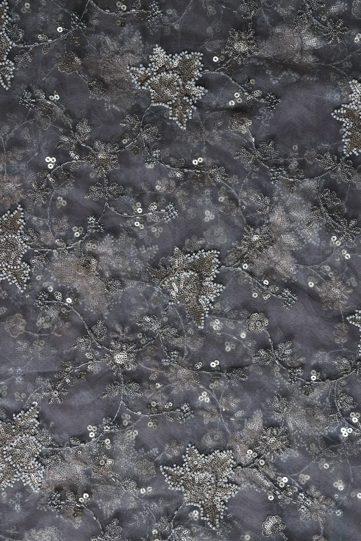 AIzaSyBcstauz-XMPRhEY21AUzeo032pxrXB5Ug - 1.25 Meter Cut Piece Of Gold Sequins With Beads Work Embroidery On Grey Soft Net Fabric