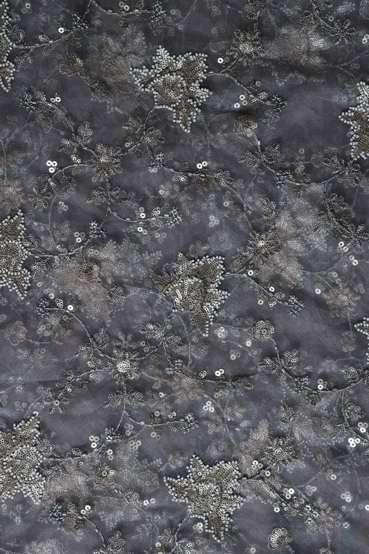 AIzaSyBcstauz-XMPRhEY21AUzeo032pxrXB5Ug - 1.25 Meter Cut Piece Of Gold Sequins With Beads Work Embroidery On Grey Soft Net Fabric