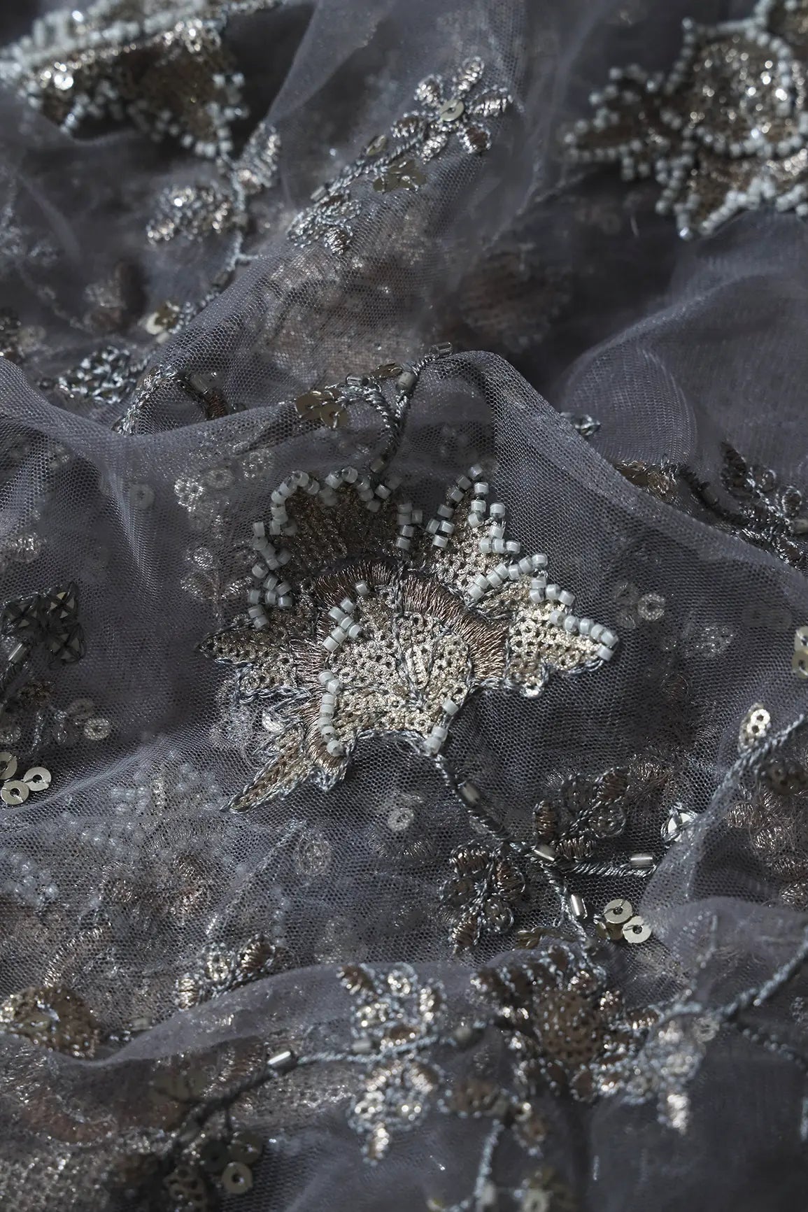 AIzaSyBcstauz-XMPRhEY21AUzeo032pxrXB5Ug - 1.25 Meter Cut Piece Of Gold Sequins With Beads Work Embroidery On Grey Soft Net Fabric