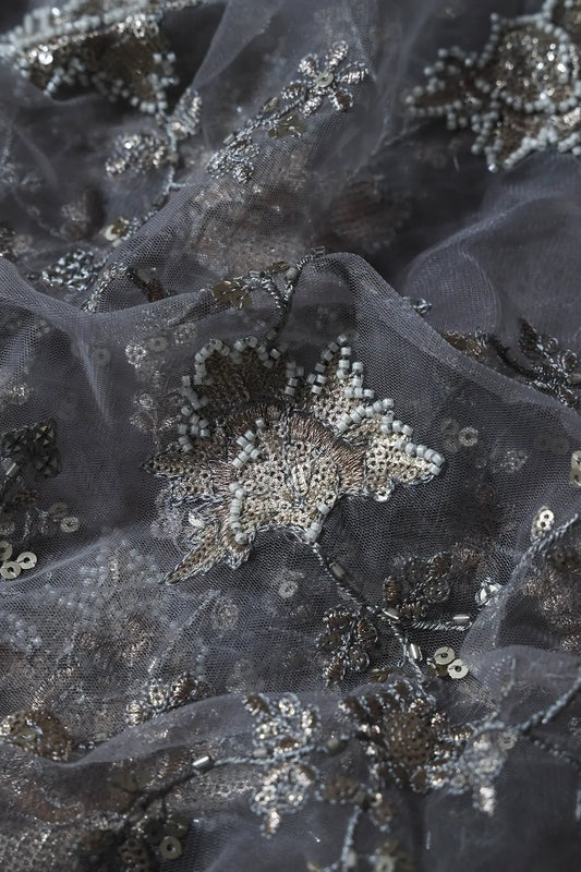 AIzaSyBcstauz-XMPRhEY21AUzeo032pxrXB5Ug - 1.25 Meter Cut Piece Of Gold Sequins With Beads Work Embroidery On Grey Soft Net Fabric