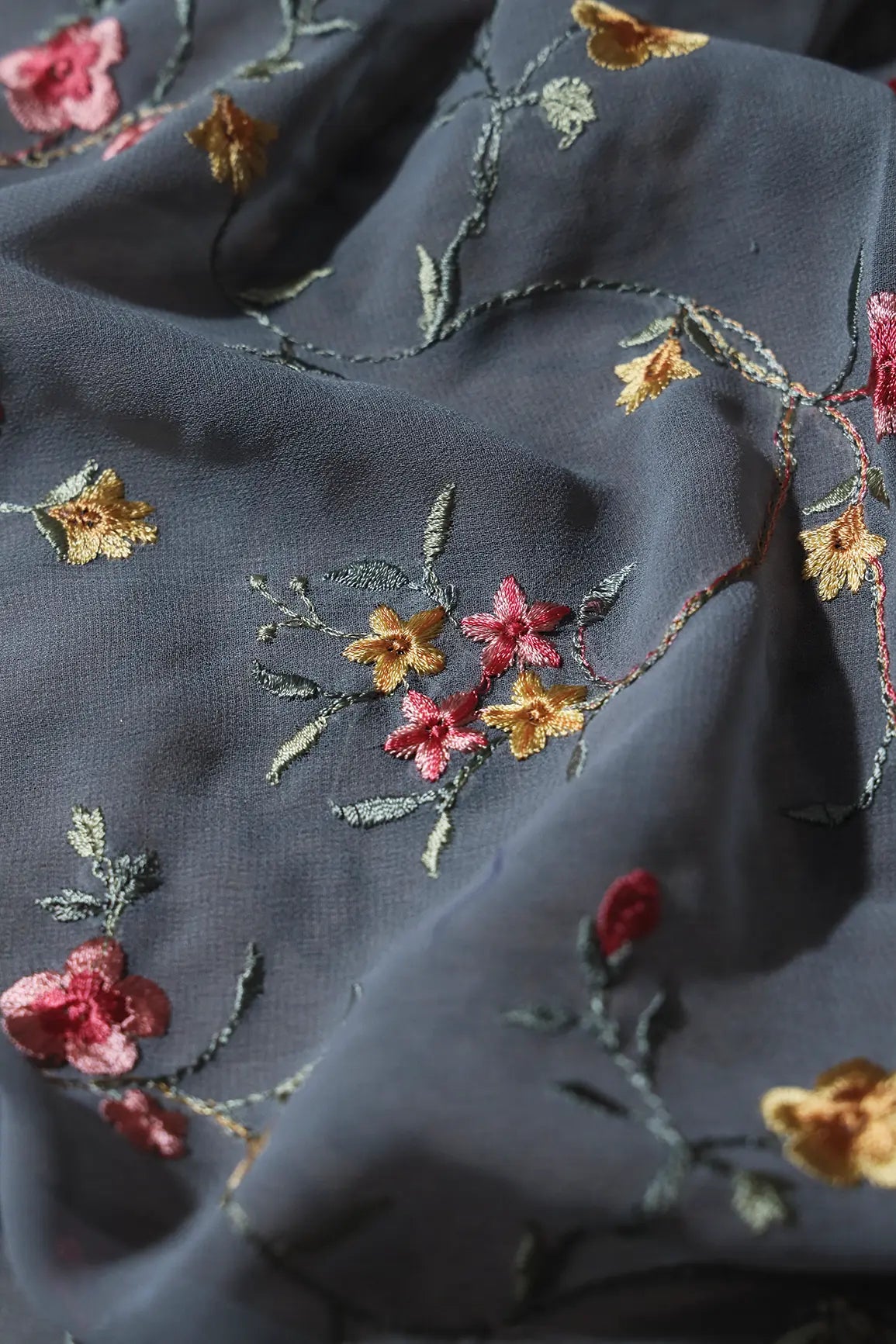 AIzaSyBcstauz-XMPRhEY21AUzeo032pxrXB5Ug - 1 Meter Cut Piece Of Multi Thread Work Floral Embroidery On Grey Georgette Fabric
