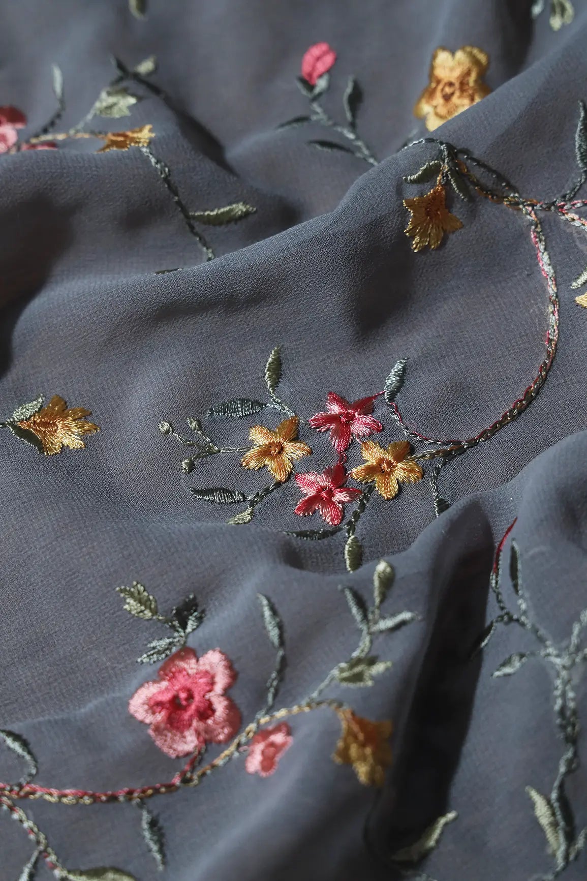 AIzaSyBcstauz-XMPRhEY21AUzeo032pxrXB5Ug - 1 Meter Cut Piece Of Multi Thread Work Floral Embroidery On Grey Georgette Fabric