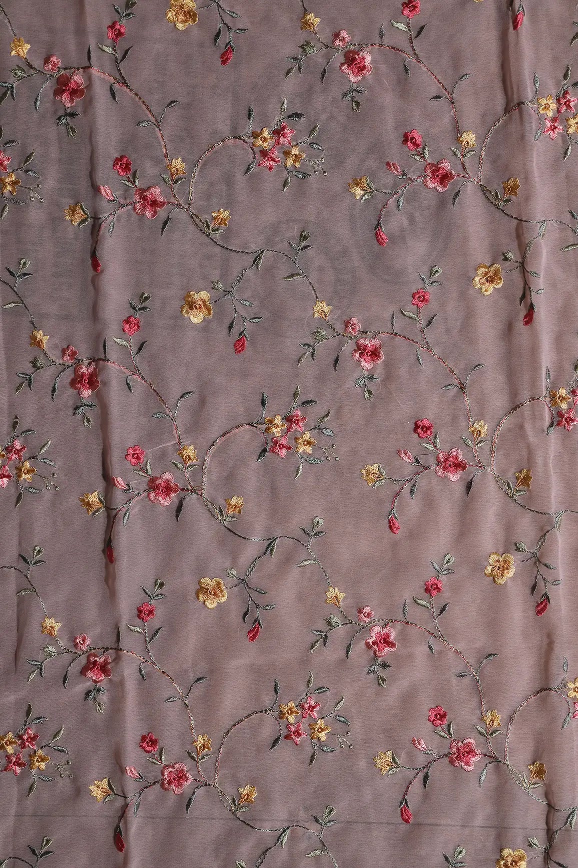 AIzaSyBcstauz-XMPRhEY21AUzeo032pxrXB5Ug - 1 Meter Cut Piece Of Multi Thread Work Floral Embroidery On Peach Georgette Fabric