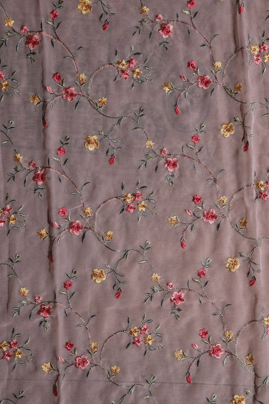 AIzaSyBcstauz-XMPRhEY21AUzeo032pxrXB5Ug - 1 Meter Cut Piece Of Multi Thread Work Floral Embroidery On Peach Georgette Fabric