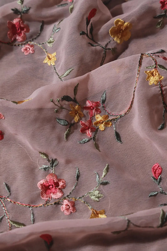 AIzaSyBcstauz-XMPRhEY21AUzeo032pxrXB5Ug - 1 Meter Cut Piece Of Multi Thread Work Floral Embroidery On Peach Georgette Fabric