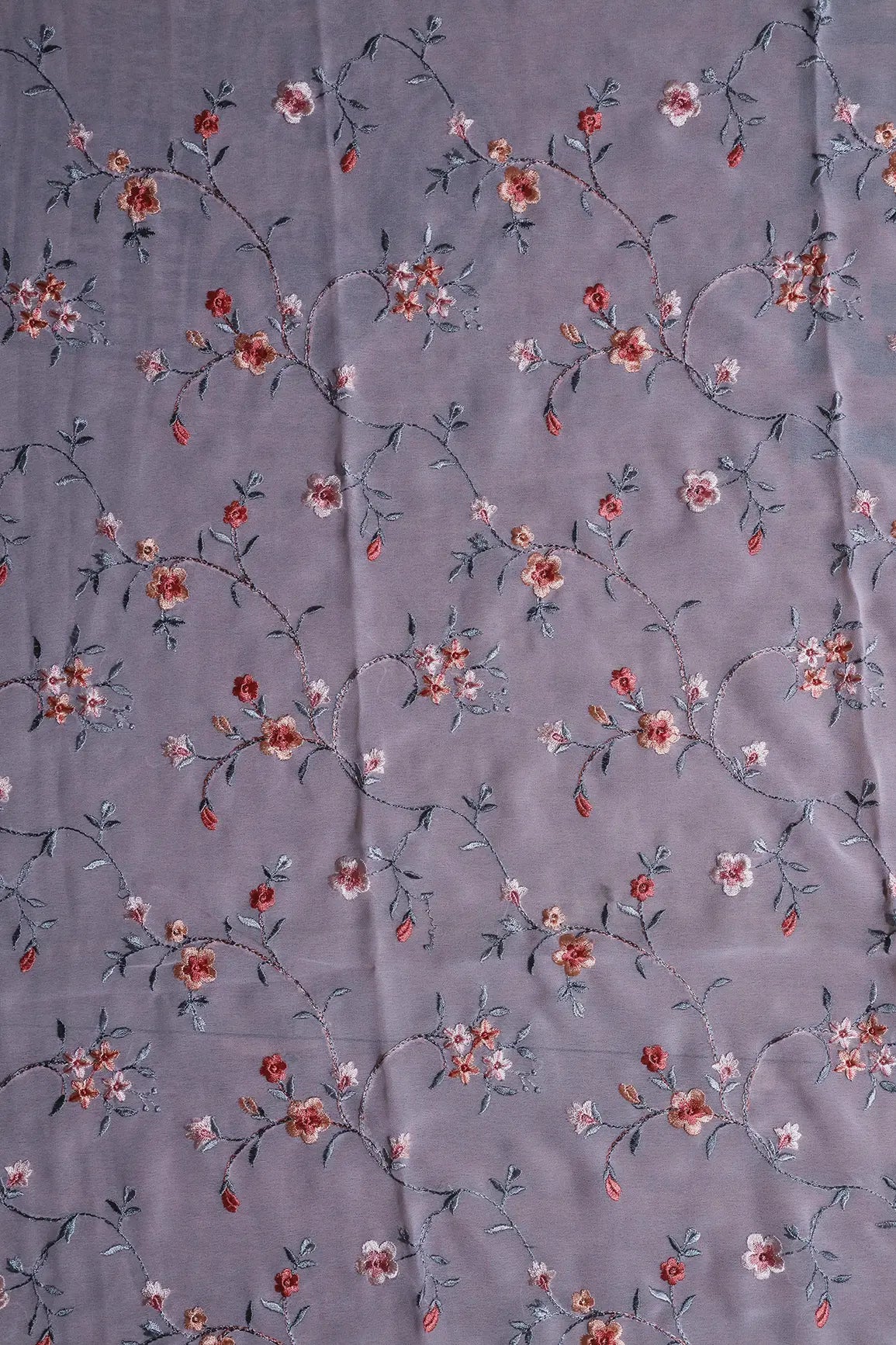 AIzaSyBcstauz-XMPRhEY21AUzeo032pxrXB5Ug - 1 Meter Cut Piece Of Multi Thread Work Floral Embroidery On Baby Pink Georgette Fabric