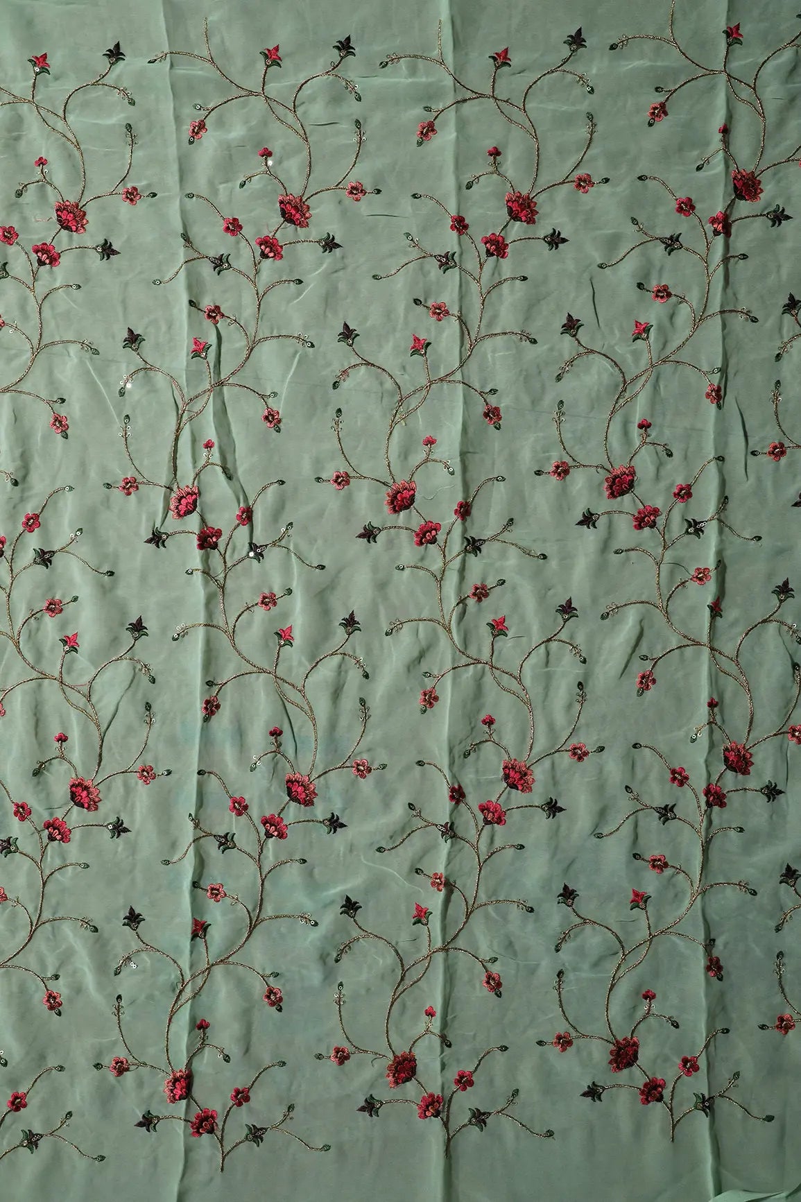 AIzaSyBcstauz-XMPRhEY21AUzeo032pxrXB5Ug - 0.85 Meter Cut Piece Of Gold Sequins With Thread Work Floral Embroidery On Pista Green Georgette Fabric