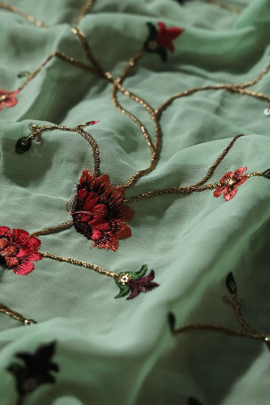 AIzaSyBcstauz-XMPRhEY21AUzeo032pxrXB5Ug - 0.85 Meter Cut Piece Of Gold Sequins With Thread Work Floral Embroidery On Pista Green Georgette Fabric