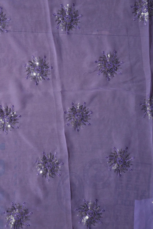 AIzaSyBcstauz-XMPRhEY21AUzeo032pxrXB5Ug - 0.90 Meter Cut Piece Of Silver Sequins With Thread Work Floral Embroidery On Lilac Georgette Fabric