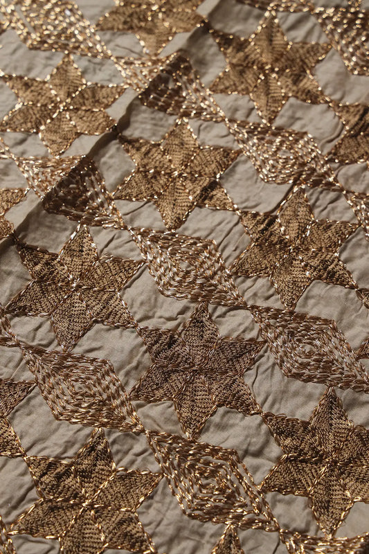 AIzaSyBcstauz-XMPRhEY21AUzeo032pxrXB5Ug - 0.80 Meter Cut Piece Of Gold Zari Geometric Embroidery Work On Beige Cotton Fabric