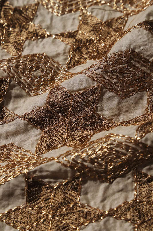 AIzaSyBcstauz-XMPRhEY21AUzeo032pxrXB5Ug - 0.80 Meter Cut Piece Of Gold Zari Geometric Embroidery Work On Beige Cotton Fabric