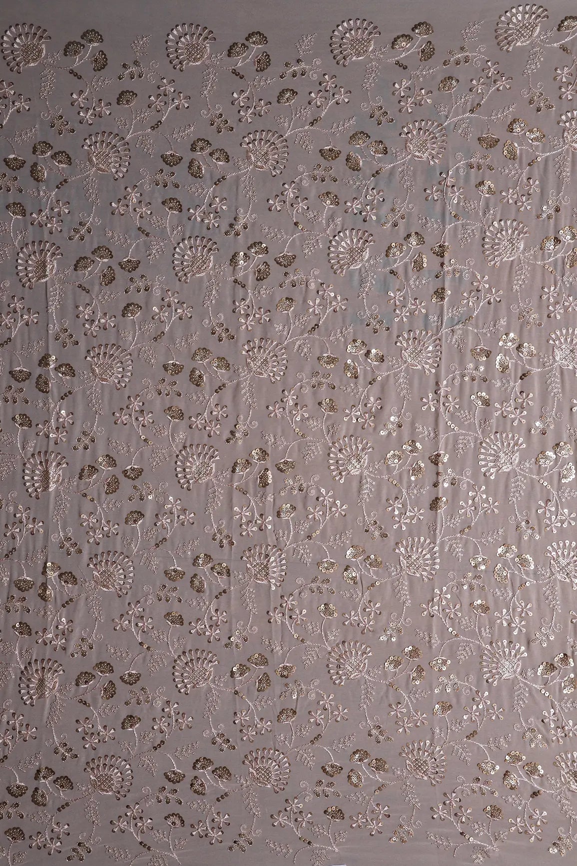 AIzaSyBcstauz-XMPRhEY21AUzeo032pxrXB5Ug - 0.90 Meter Cut Piece Of Peach Thread With Gold Sequins Floral Embroidery On Light Peach Georgette Fabric