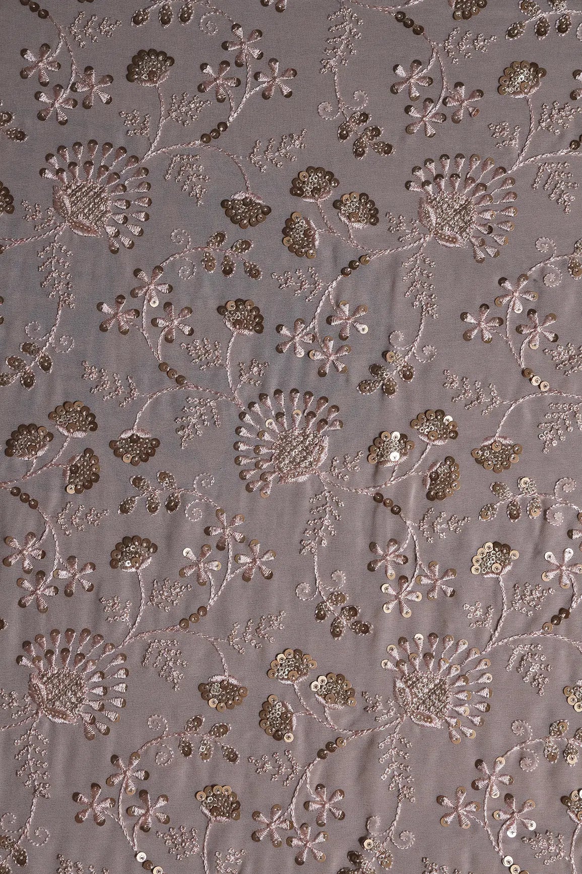 AIzaSyBcstauz-XMPRhEY21AUzeo032pxrXB5Ug - 0.90 Meter Cut Piece Of Peach Thread With Gold Sequins Floral Embroidery On Light Peach Georgette Fabric