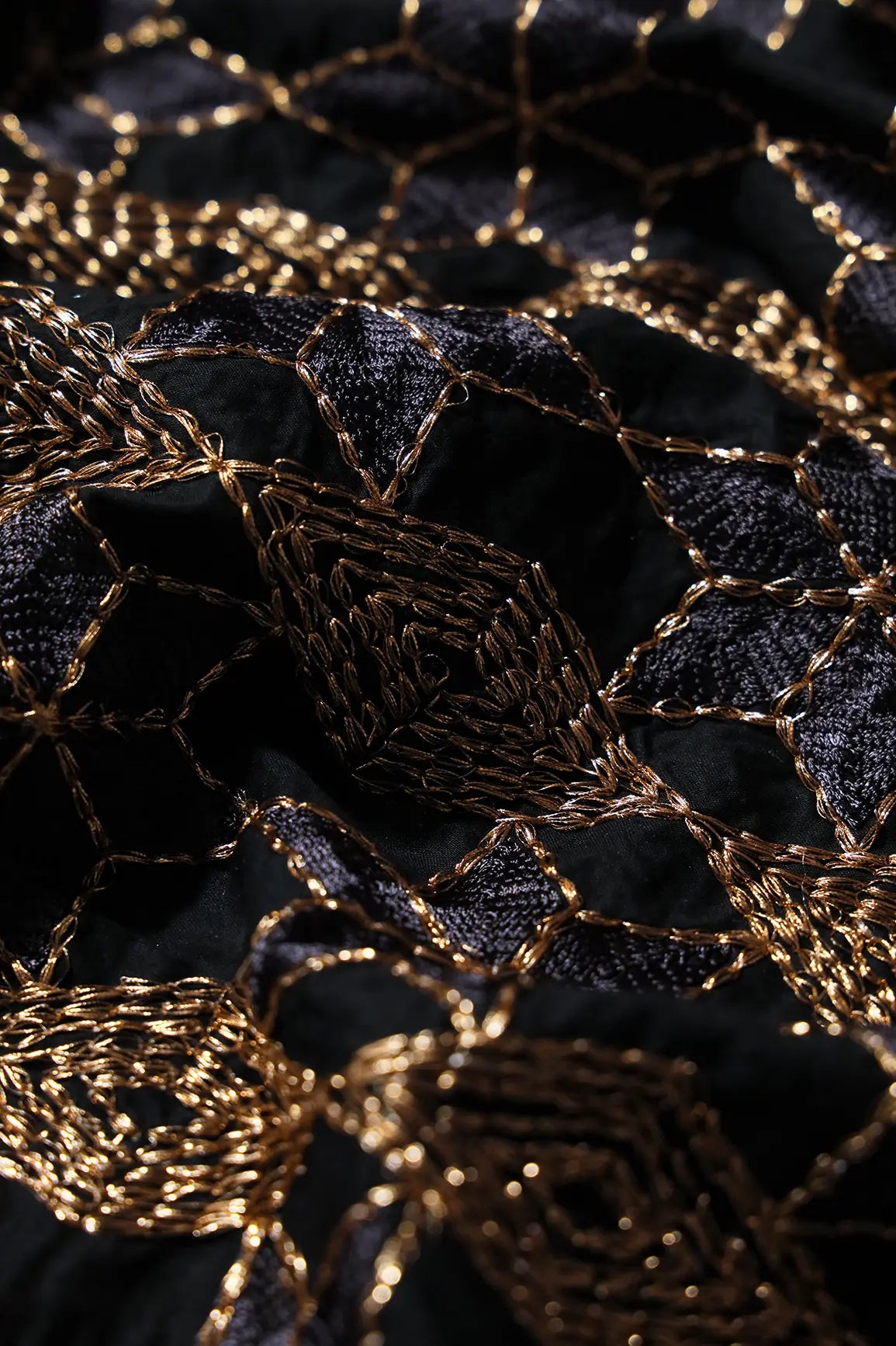 AIzaSyBcstauz-XMPRhEY21AUzeo032pxrXB5Ug - 0.75 Meter Cut Piece Of Gold Zari Geometric Embroidery Work On Black Cotton Fabric