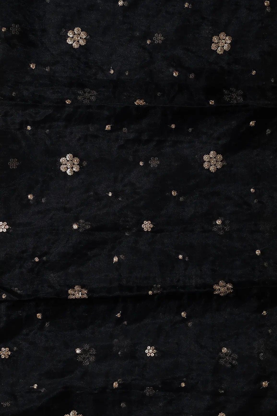AIzaSyBcstauz-XMPRhEY21AUzeo032pxrXB5Ug - 1.50 Meter Cut Piece Of Gold Sequins With Gold Zari Small Floral Embroidery On Black Organza Fabric