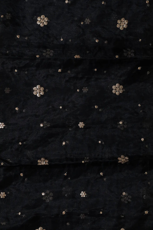 AIzaSyBcstauz-XMPRhEY21AUzeo032pxrXB5Ug - 1.50 Meter Cut Piece Of Gold Sequins With Gold Zari Small Floral Embroidery On Black Organza Fabric