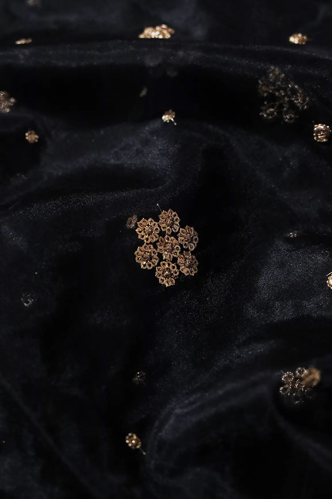AIzaSyBcstauz-XMPRhEY21AUzeo032pxrXB5Ug - 1.50 Meter Cut Piece Of Gold Sequins With Gold Zari Small Floral Embroidery On Black Organza Fabric