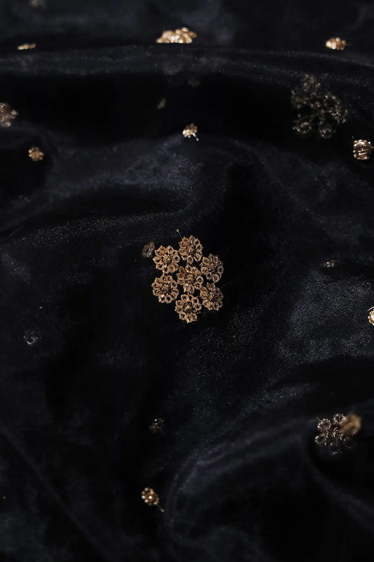 AIzaSyBcstauz-XMPRhEY21AUzeo032pxrXB5Ug - 1.50 Meter Cut Piece Of Gold Sequins With Gold Zari Small Floral Embroidery On Black Organza Fabric