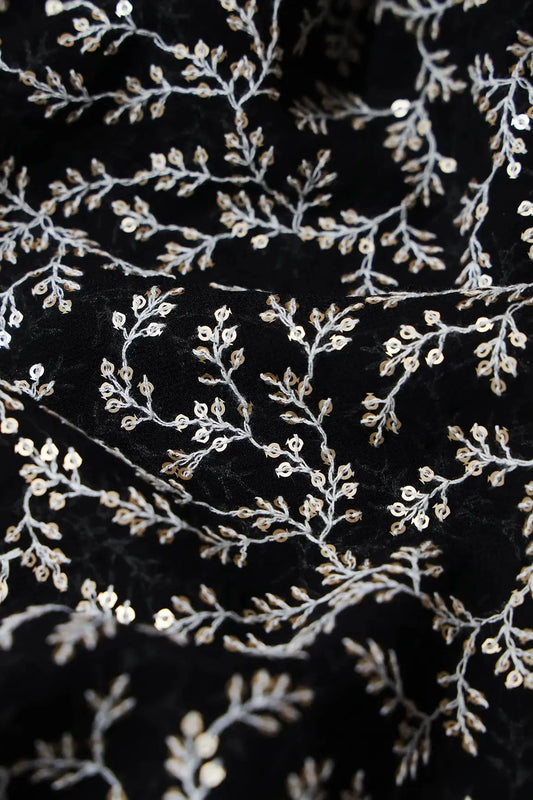 AIzaSyBcstauz-XMPRhEY21AUzeo032pxrXB5Ug - 3.90 Meter Cut Piece Of White Thread With Gold Sequins Leafy Embroidery On Black Georgette Fabric