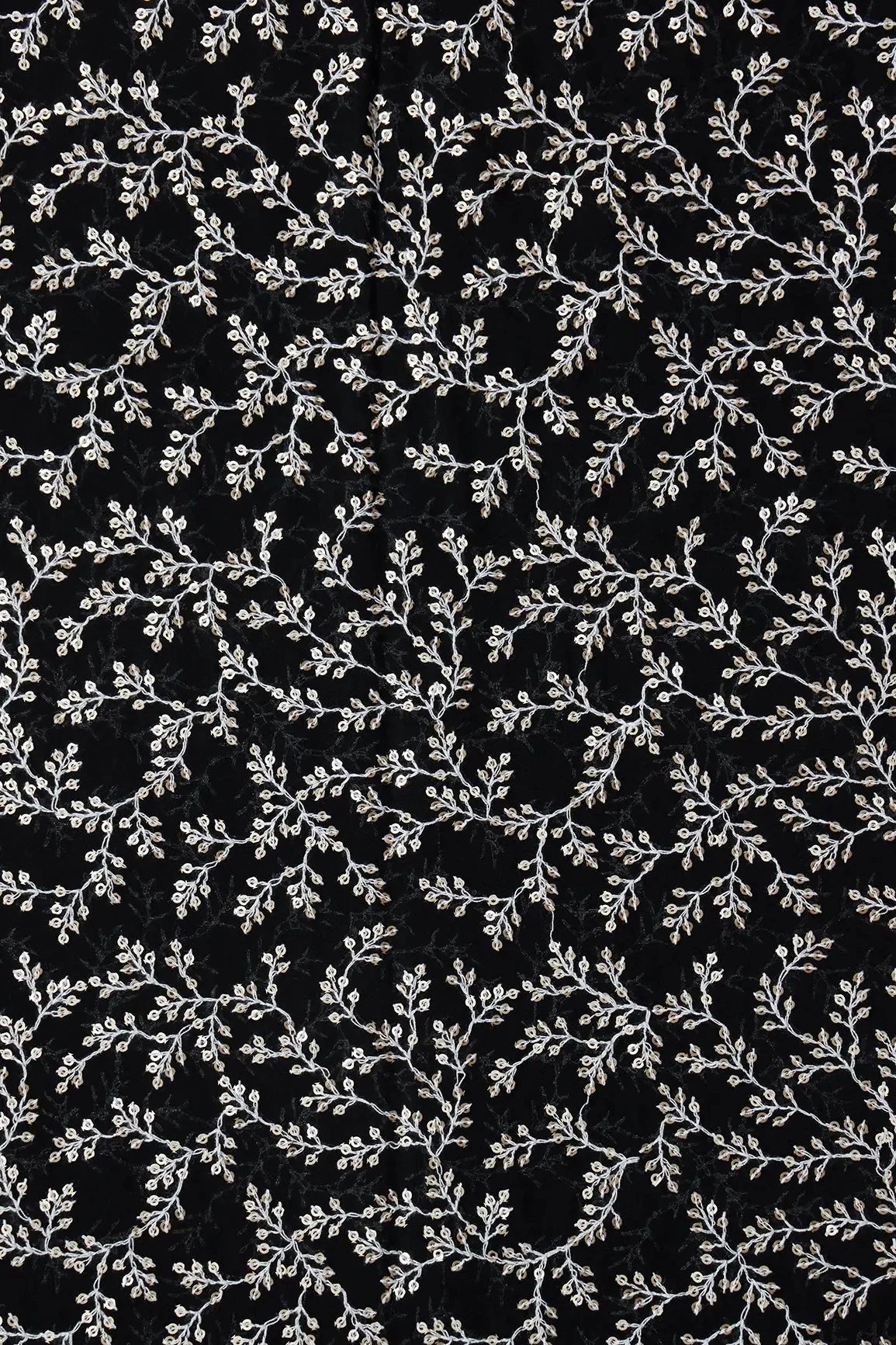 AIzaSyBcstauz-XMPRhEY21AUzeo032pxrXB5Ug - 3.90 Meter Cut Piece Of White Thread With Gold Sequins Leafy Embroidery On Black Georgette Fabric