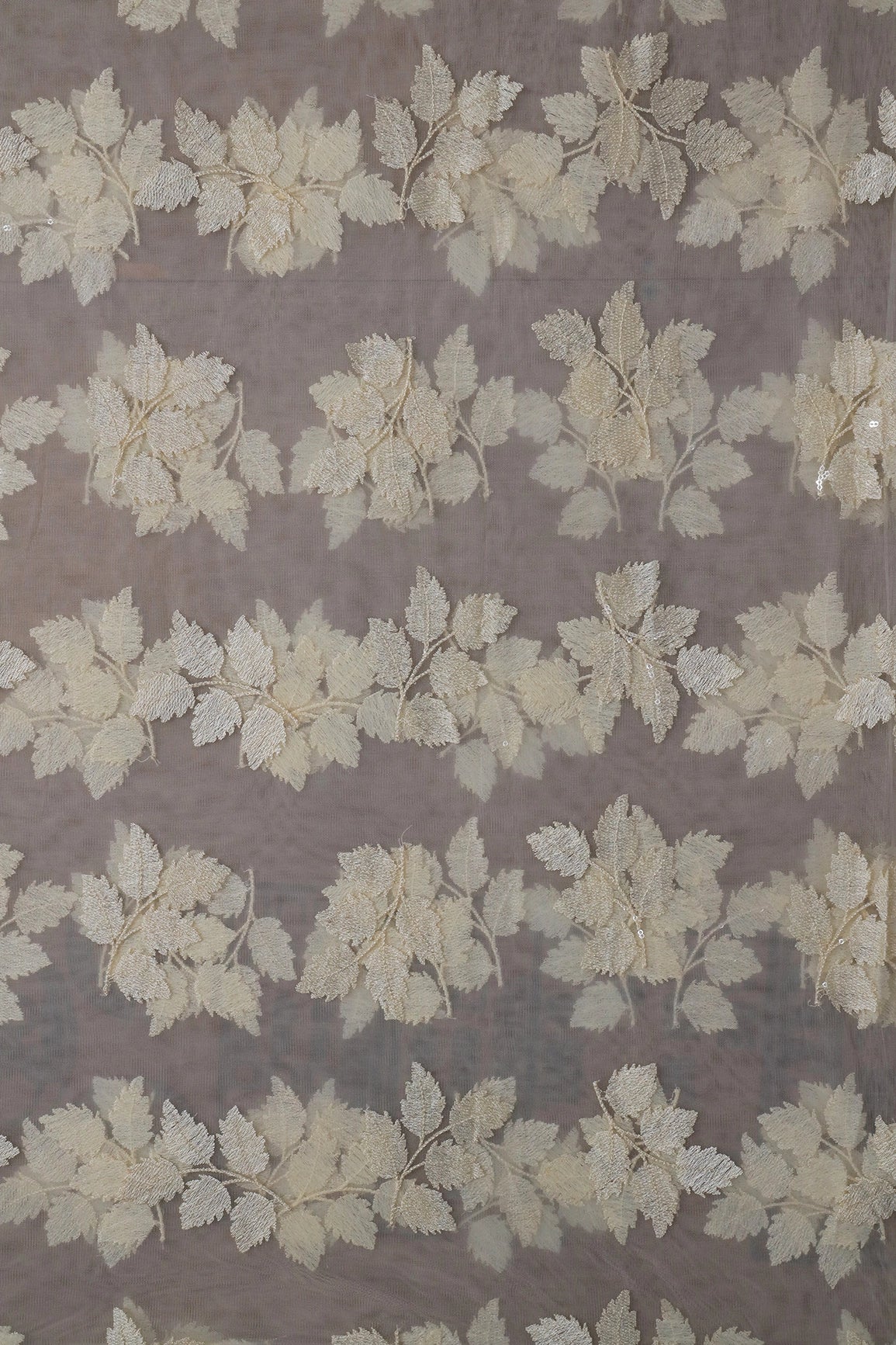 AIzaSyBcstauz-XMPRhEY21AUzeo032pxrXB5Ug - 4 Meter Cut Piece Of Cream Thread With Sequins Leafy Embroidery On Cream Soft Net Fabric