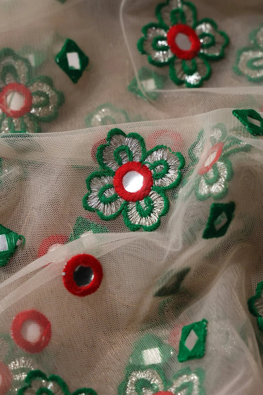 AIzaSyBcstauz-XMPRhEY21AUzeo032pxrXB5Ug - 4 Meter Cut Piece Of Red And Green Thread With Faux Mirror Traditional Embroidery On Light Beige Soft Net Fabric