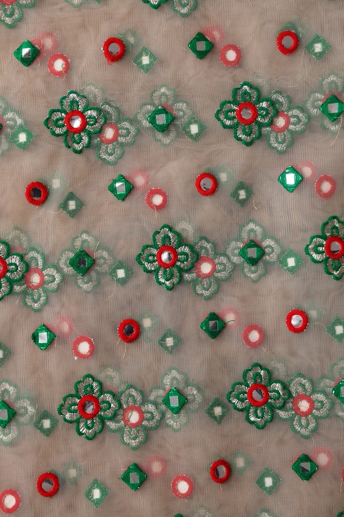 AIzaSyBcstauz-XMPRhEY21AUzeo032pxrXB5Ug - 4 Meter Cut Piece Of Red And Green Thread With Faux Mirror Traditional Embroidery On Light Beige Soft Net Fabric