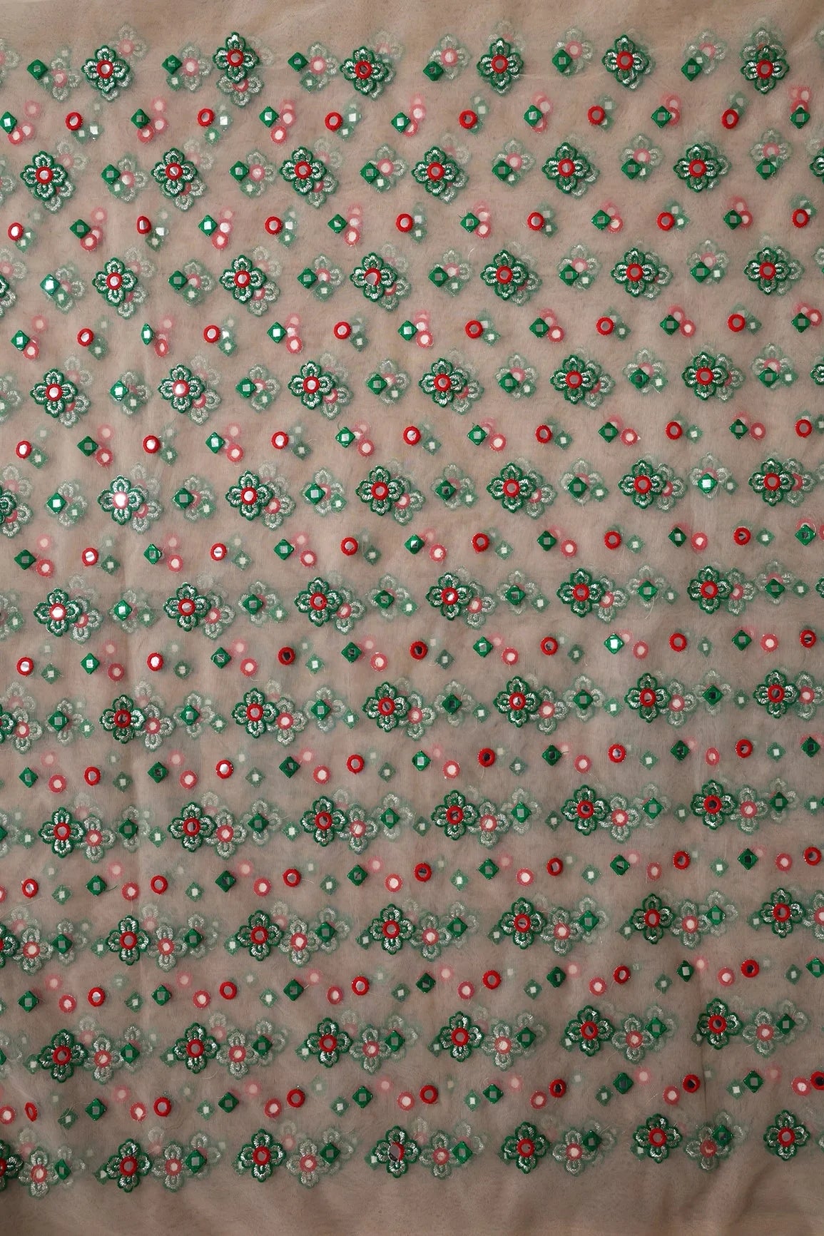 AIzaSyBcstauz-XMPRhEY21AUzeo032pxrXB5Ug - 4 Meter Cut Piece Of Red And Green Thread With Faux Mirror Traditional Embroidery On Light Beige Soft Net Fabric