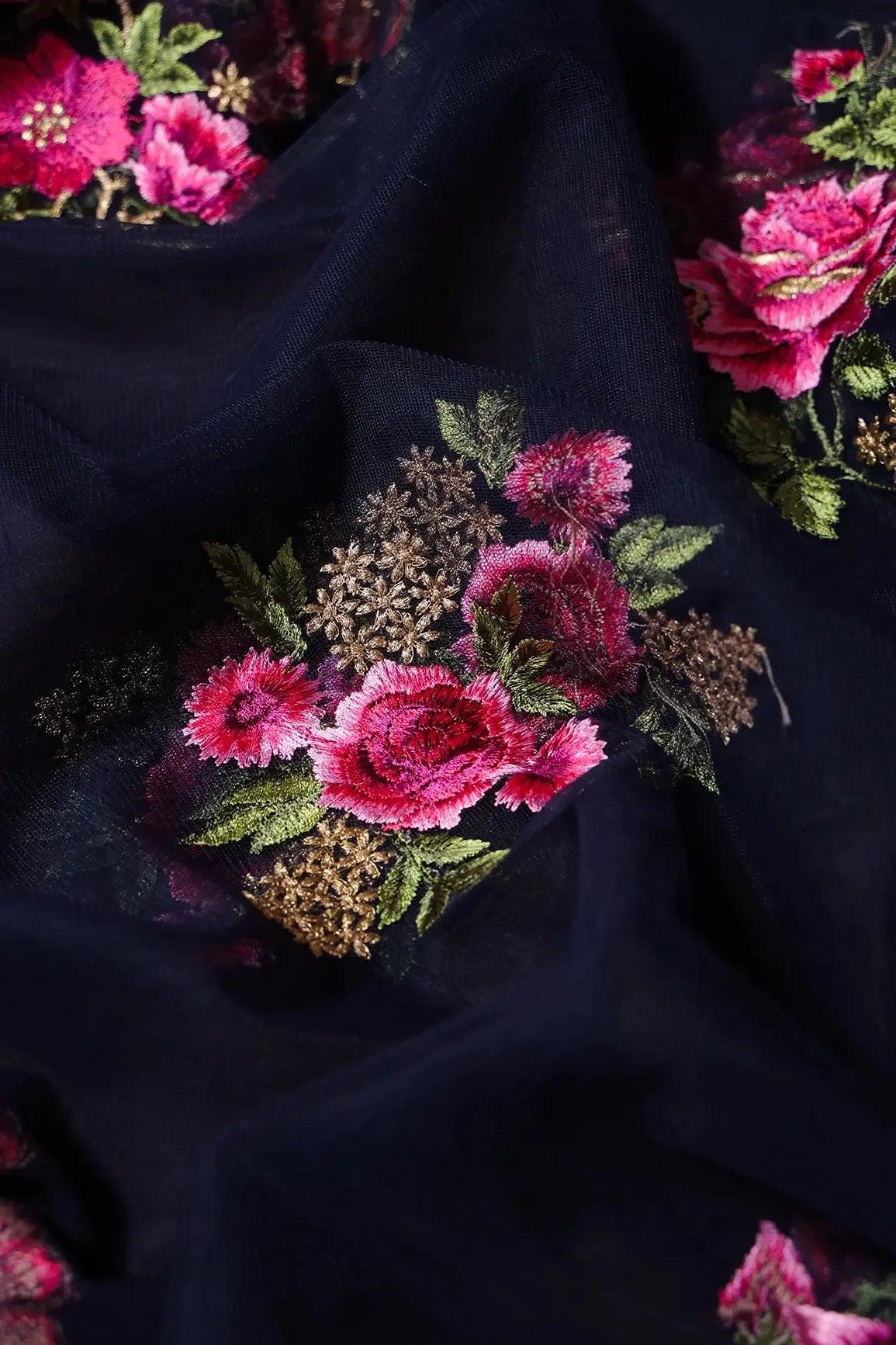 AIzaSyBcstauz-XMPRhEY21AUzeo032pxrXB5Ug - 4.25 Meter Cut Piece Of Pink And Olive Thread With Gold Zari Floral Embroidery On Navy Blue Soft Net Fabric