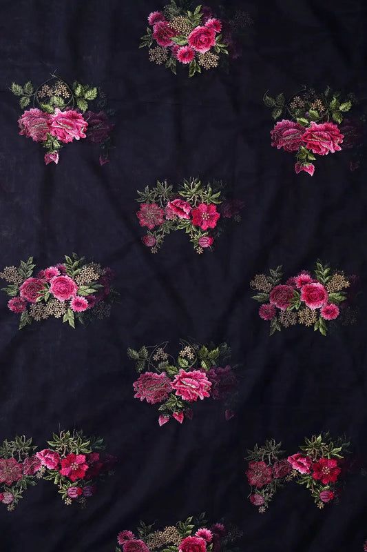 AIzaSyBcstauz-XMPRhEY21AUzeo032pxrXB5Ug - 4.25 Meter Cut Piece Of Pink And Olive Thread With Gold Zari Floral Embroidery On Navy Blue Soft Net Fabric