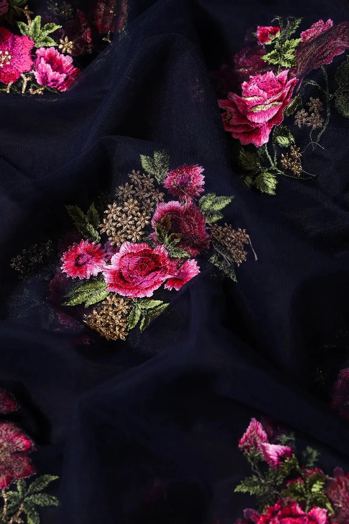 AIzaSyBcstauz-XMPRhEY21AUzeo032pxrXB5Ug - 4.25 Meter Cut Piece Of Pink And Olive Thread With Gold Zari Floral Embroidery On Navy Blue Soft Net Fabric