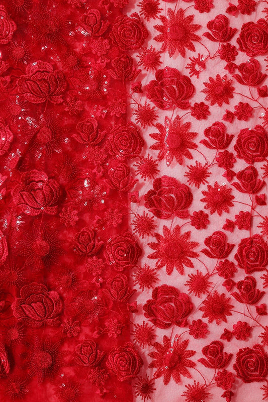 Red Thread With Sequins Floral Embroidery On Red Soft Net Fabric