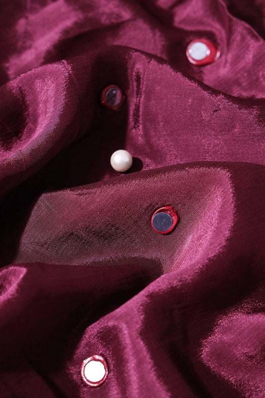 AIzaSyBcstauz-XMPRhEY21AUzeo032pxrXB5Ug - 4.50 Meter Cut Piece Of Real Mirror Embroidery Work On Maroon Viscose Chinnon Chiffon Fabric