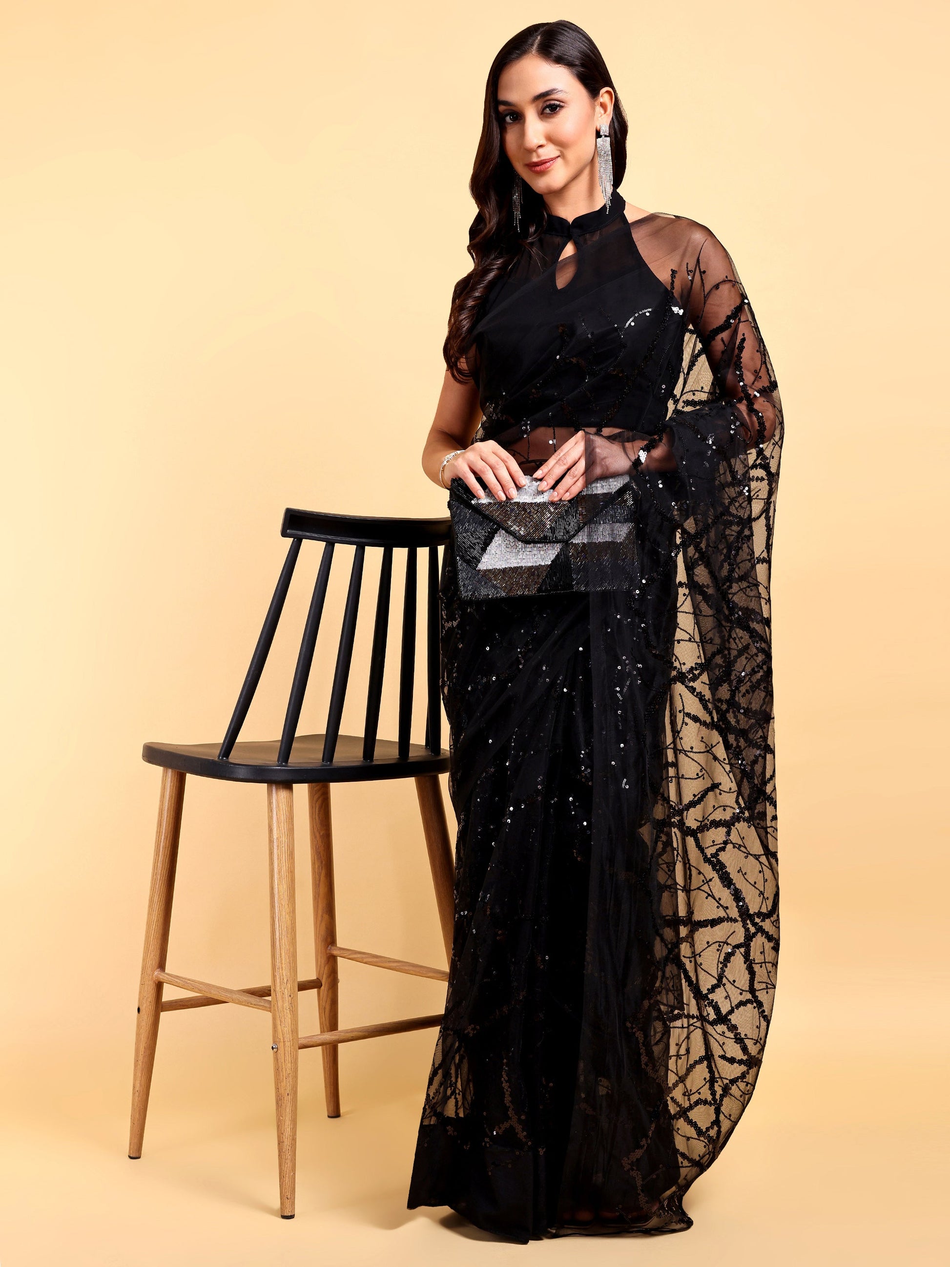 AIzaSyBcstauz-XMPRhEY21AUzeo032pxrXB5Ug - Black Net Saree Set (2 Piece)