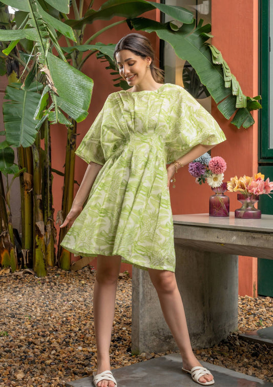 Mir Lime Green Linen Pleated Dress
