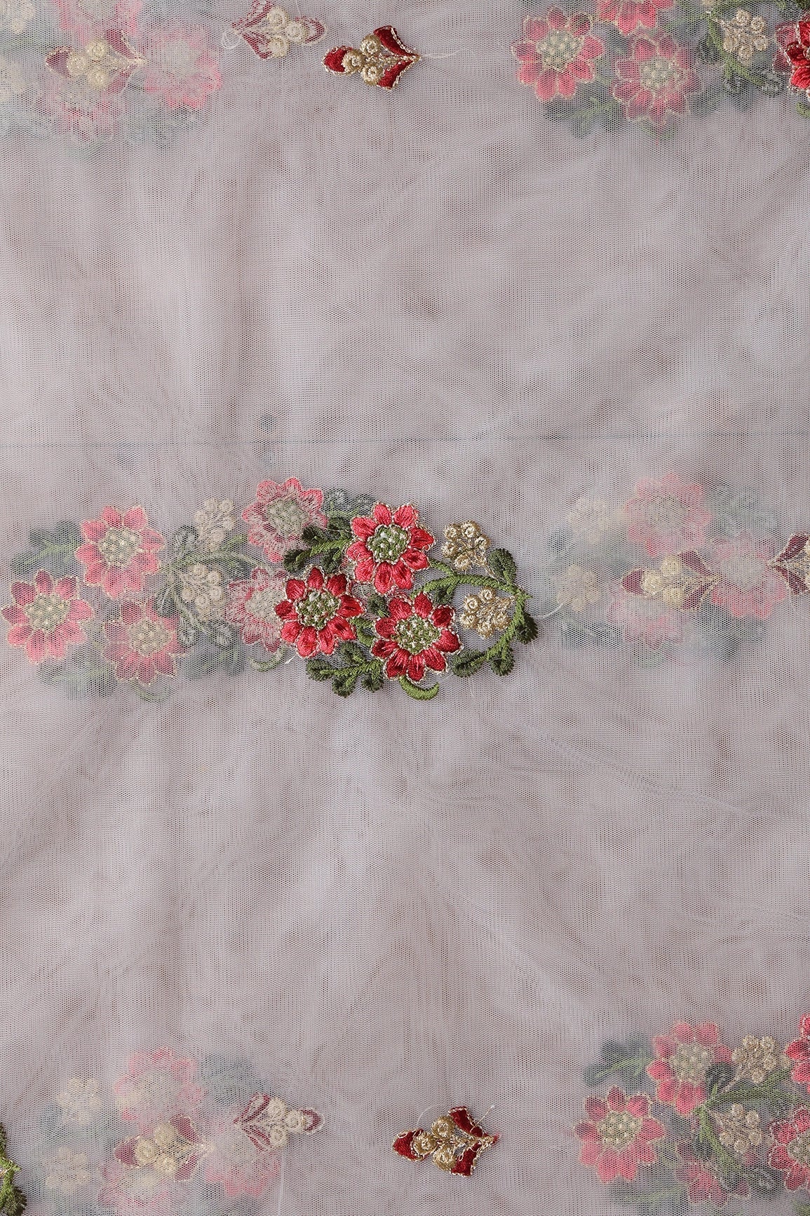 AIzaSyBcstauz-XMPRhEY21AUzeo032pxrXB5Ug - 5.50 Meter Cut Piece Of Red And Olive Thread With Gold Zari Beautiful Floral Butta Embroidery On Light Grey Soft Net Fabric