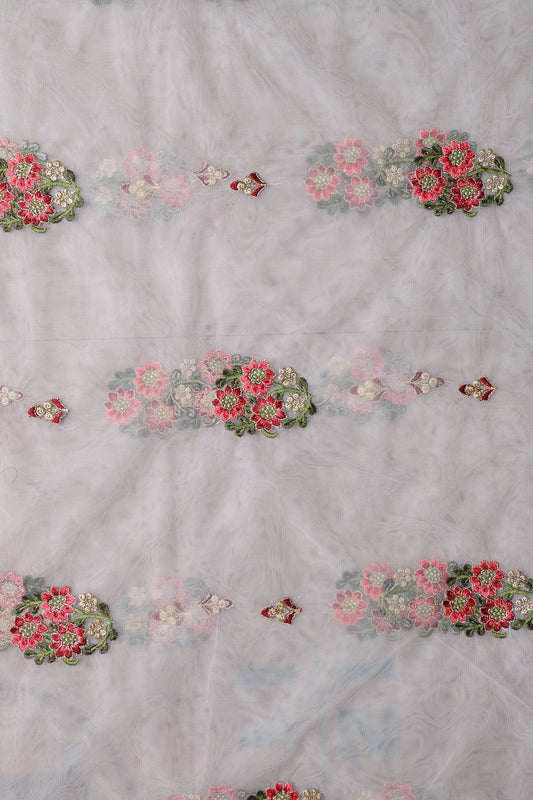 AIzaSyBcstauz-XMPRhEY21AUzeo032pxrXB5Ug - 5.50 Meter Cut Piece Of Red And Olive Thread With Gold Zari Beautiful Floral Butta Embroidery On Light Grey Soft Net Fabric