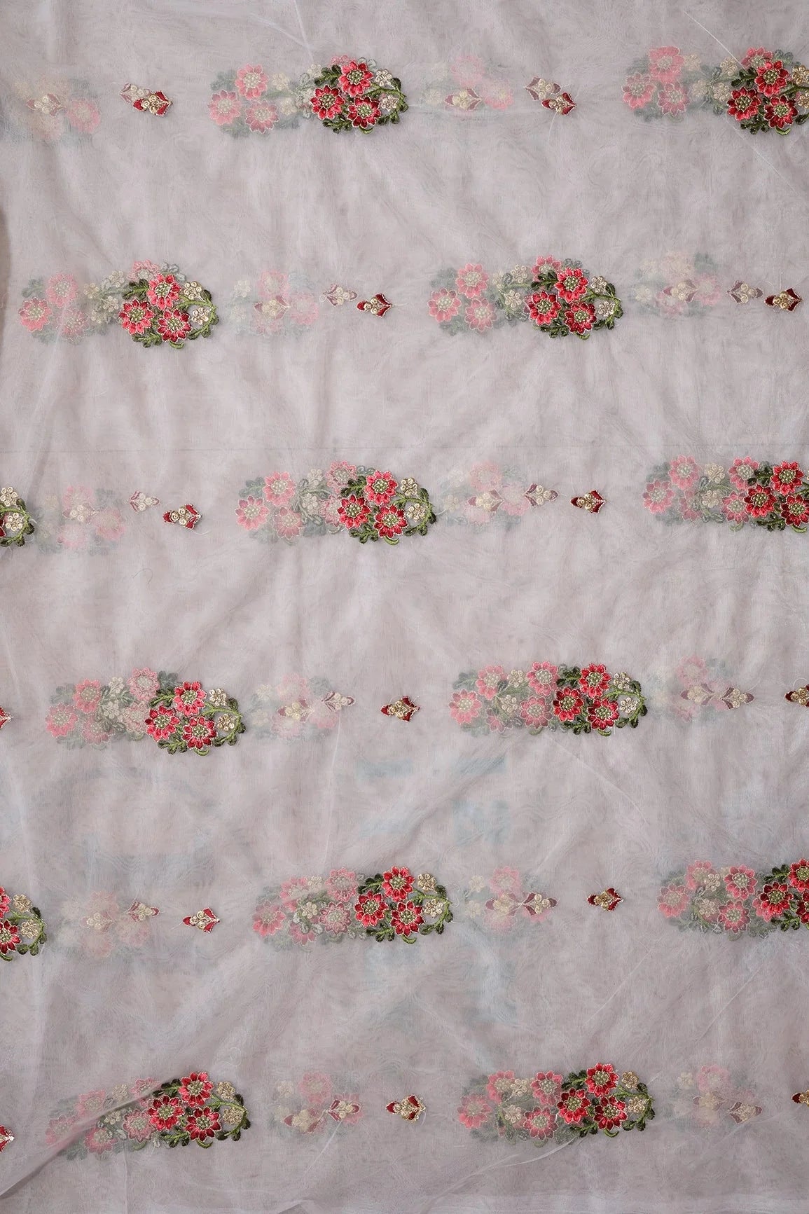 AIzaSyBcstauz-XMPRhEY21AUzeo032pxrXB5Ug - 5.50 Meter Cut Piece Of Red And Olive Thread With Gold Zari Beautiful Floral Butta Embroidery On Light Grey Soft Net Fabric