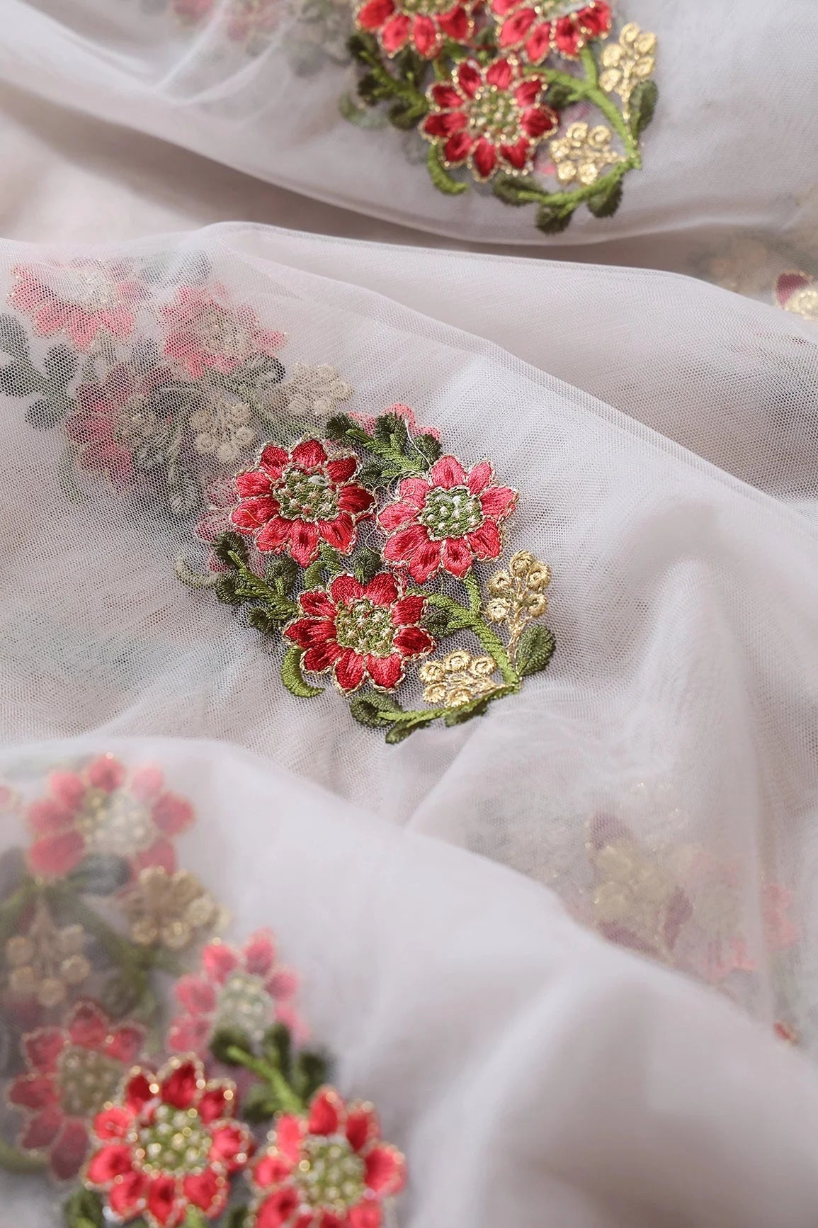 AIzaSyBcstauz-XMPRhEY21AUzeo032pxrXB5Ug - 5.50 Meter Cut Piece Of Red And Olive Thread With Gold Zari Beautiful Floral Butta Embroidery On Light Grey Soft Net Fabric