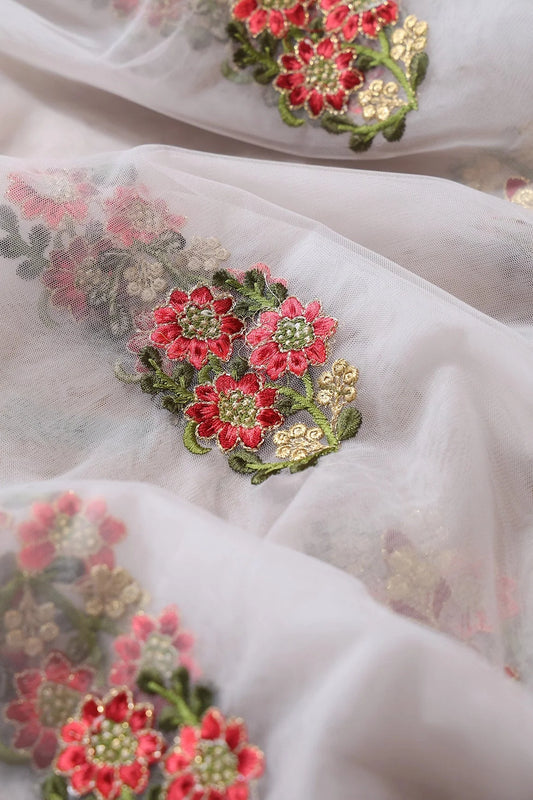 AIzaSyBcstauz-XMPRhEY21AUzeo032pxrXB5Ug - 5.50 Meter Cut Piece Of Red And Olive Thread With Gold Zari Beautiful Floral Butta Embroidery On Light Grey Soft Net Fabric