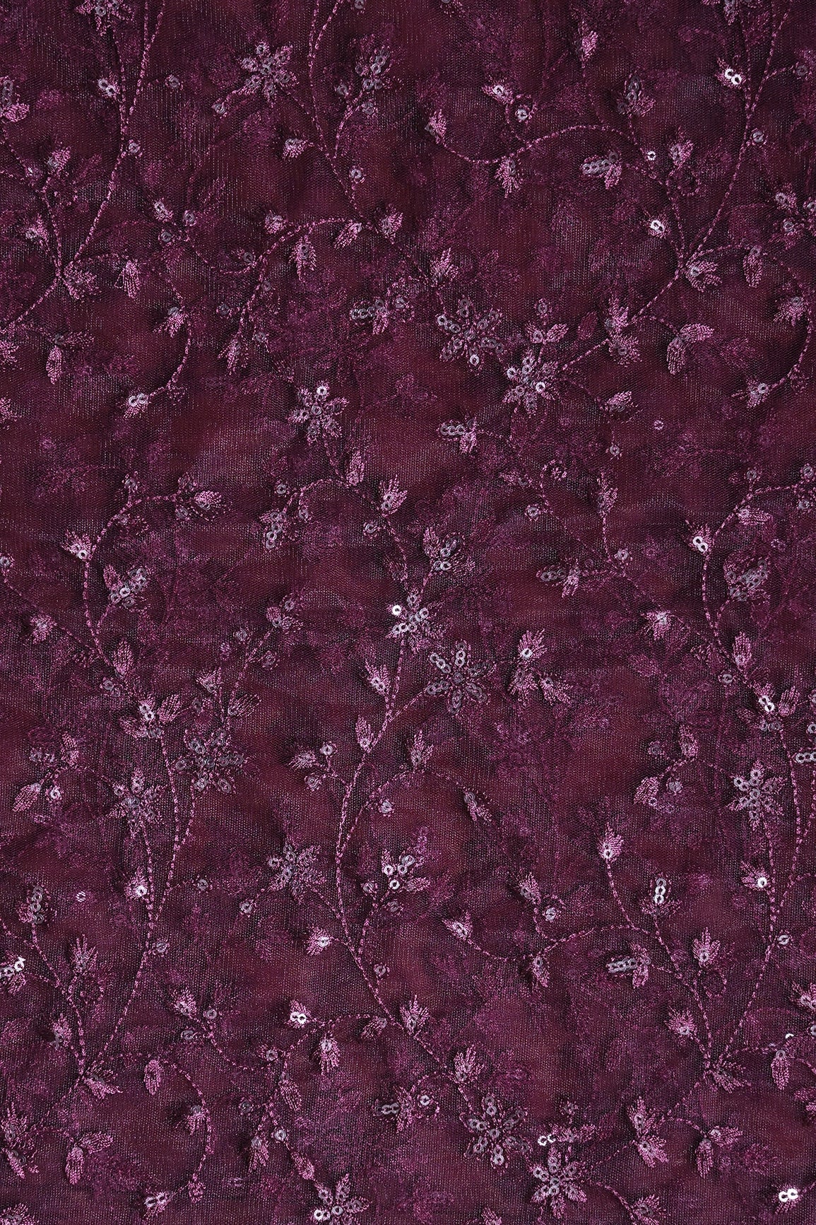 AIzaSyBcstauz-XMPRhEY21AUzeo032pxrXB5Ug - 5.50 Meter Cut Piece Of Wine Thread With Gold Sequins Small Leafy Embroidery On Wine Soft Net Fabric