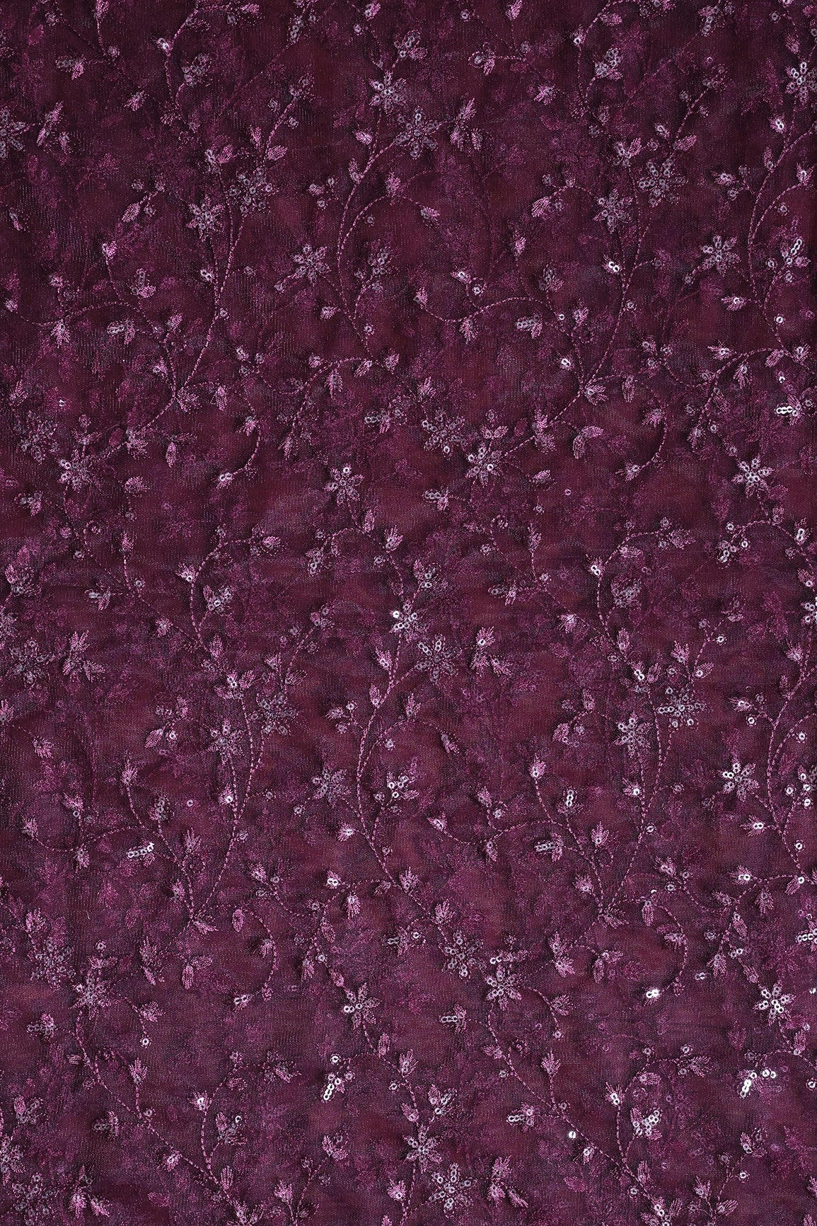 AIzaSyBcstauz-XMPRhEY21AUzeo032pxrXB5Ug - 5.50 Meter Cut Piece Of Wine Thread With Gold Sequins Small Leafy Embroidery On Wine Soft Net Fabric
