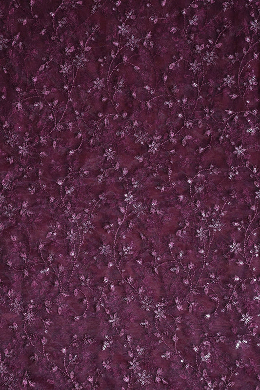 AIzaSyBcstauz-XMPRhEY21AUzeo032pxrXB5Ug - 5.50 Meter Cut Piece Of Wine Thread With Gold Sequins Small Leafy Embroidery On Wine Soft Net Fabric