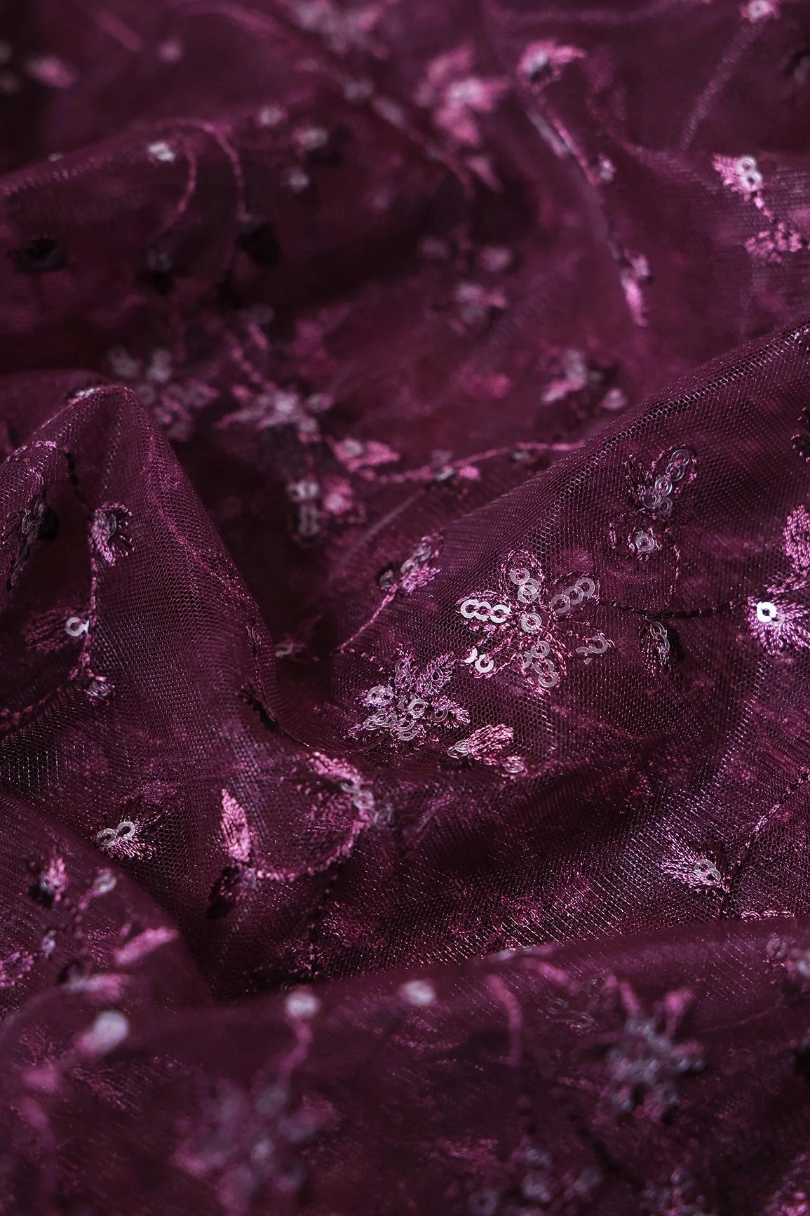 AIzaSyBcstauz-XMPRhEY21AUzeo032pxrXB5Ug - 5.50 Meter Cut Piece Of Wine Thread With Gold Sequins Small Leafy Embroidery On Wine Soft Net Fabric