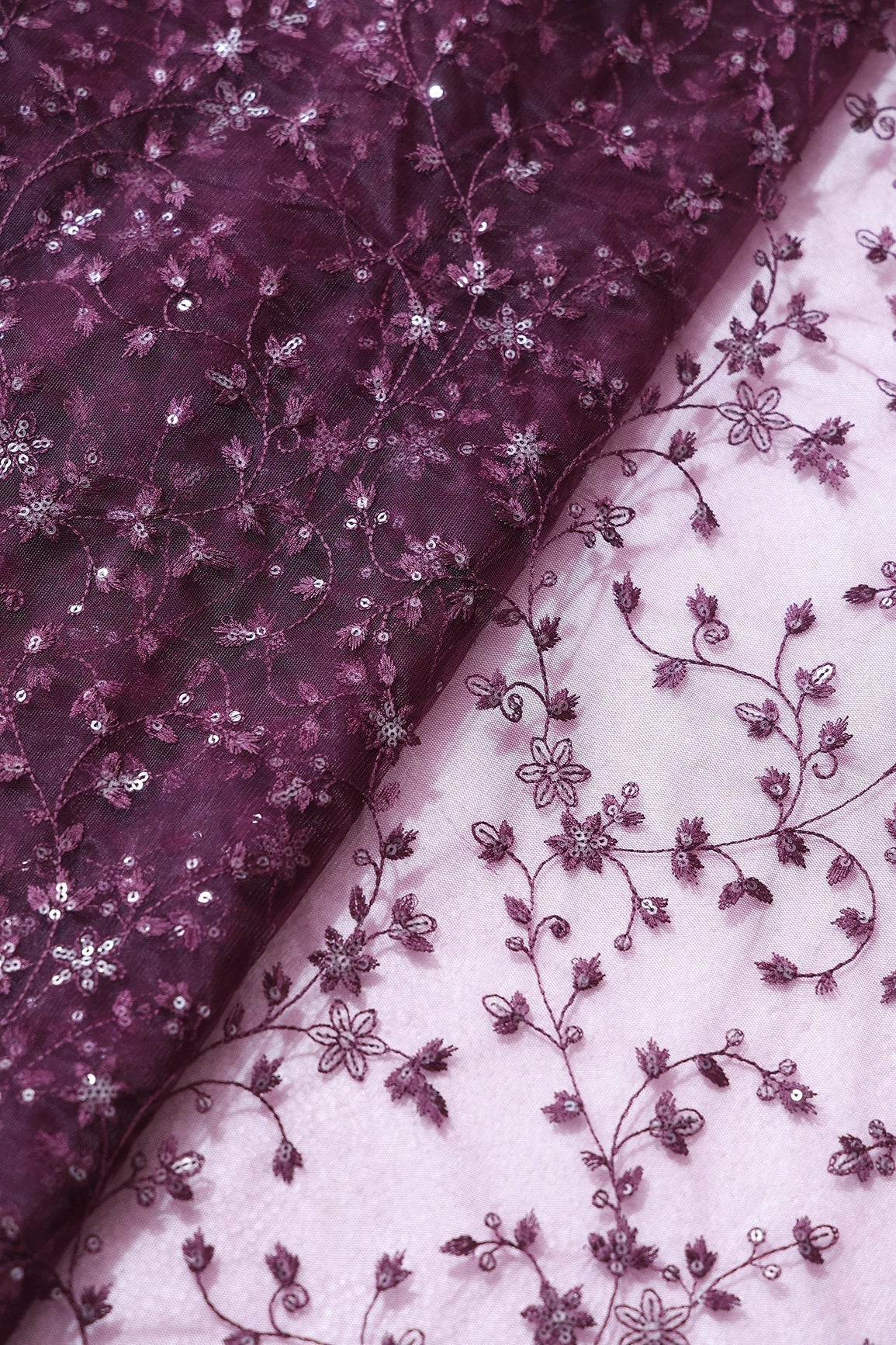 AIzaSyBcstauz-XMPRhEY21AUzeo032pxrXB5Ug - 5.50 Meter Cut Piece Of Wine Thread With Gold Sequins Small Leafy Embroidery On Wine Soft Net Fabric