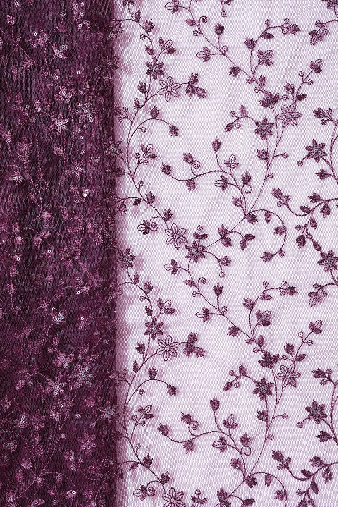 AIzaSyBcstauz-XMPRhEY21AUzeo032pxrXB5Ug - 5.50 Meter Cut Piece Of Wine Thread With Gold Sequins Small Leafy Embroidery On Wine Soft Net Fabric