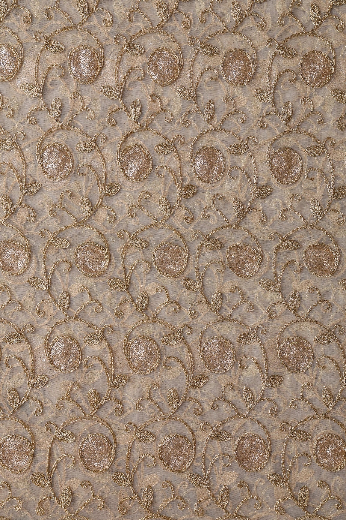 AIzaSyBcstauz-XMPRhEY21AUzeo032pxrXB5Ug - 5.75 Meter Cut Piece Of Gold Sequins With Gold Zari Leafy Embroidery On Beige Soft Net Fabric