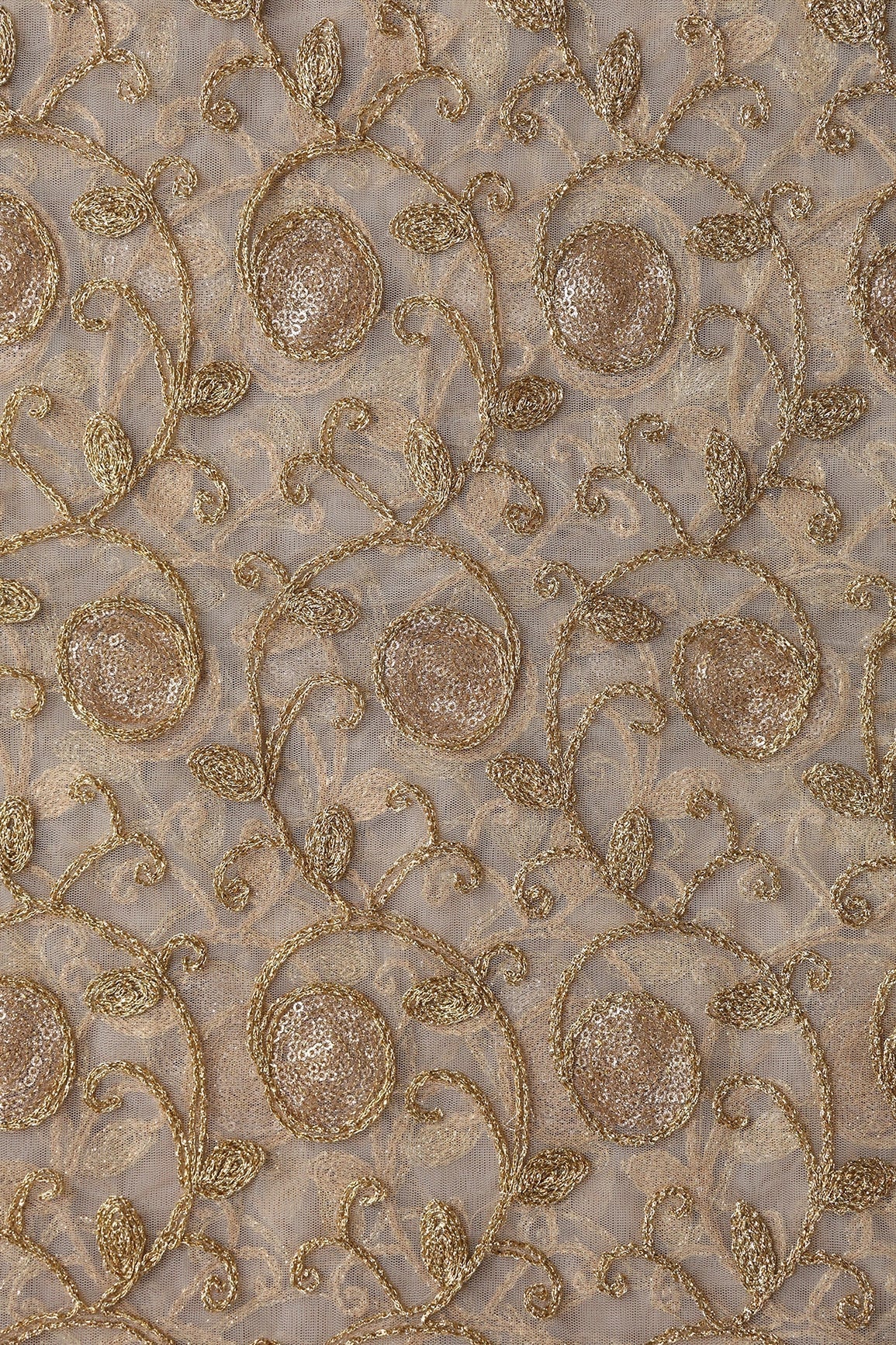 AIzaSyBcstauz-XMPRhEY21AUzeo032pxrXB5Ug - 5.75 Meter Cut Piece Of Gold Sequins With Gold Zari Leafy Embroidery On Beige Soft Net Fabric